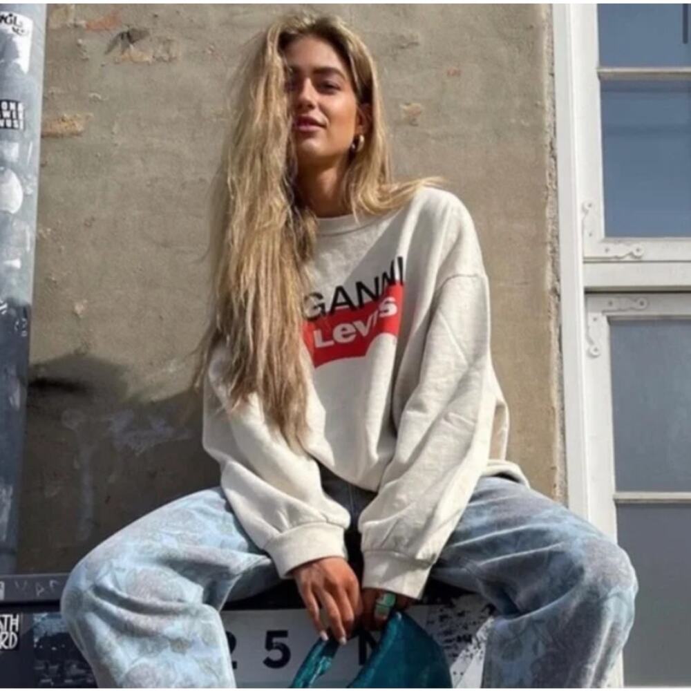 Ganni X Levi's Oversized Graphic Crewneck Sweatshirt XS Womens Oat New